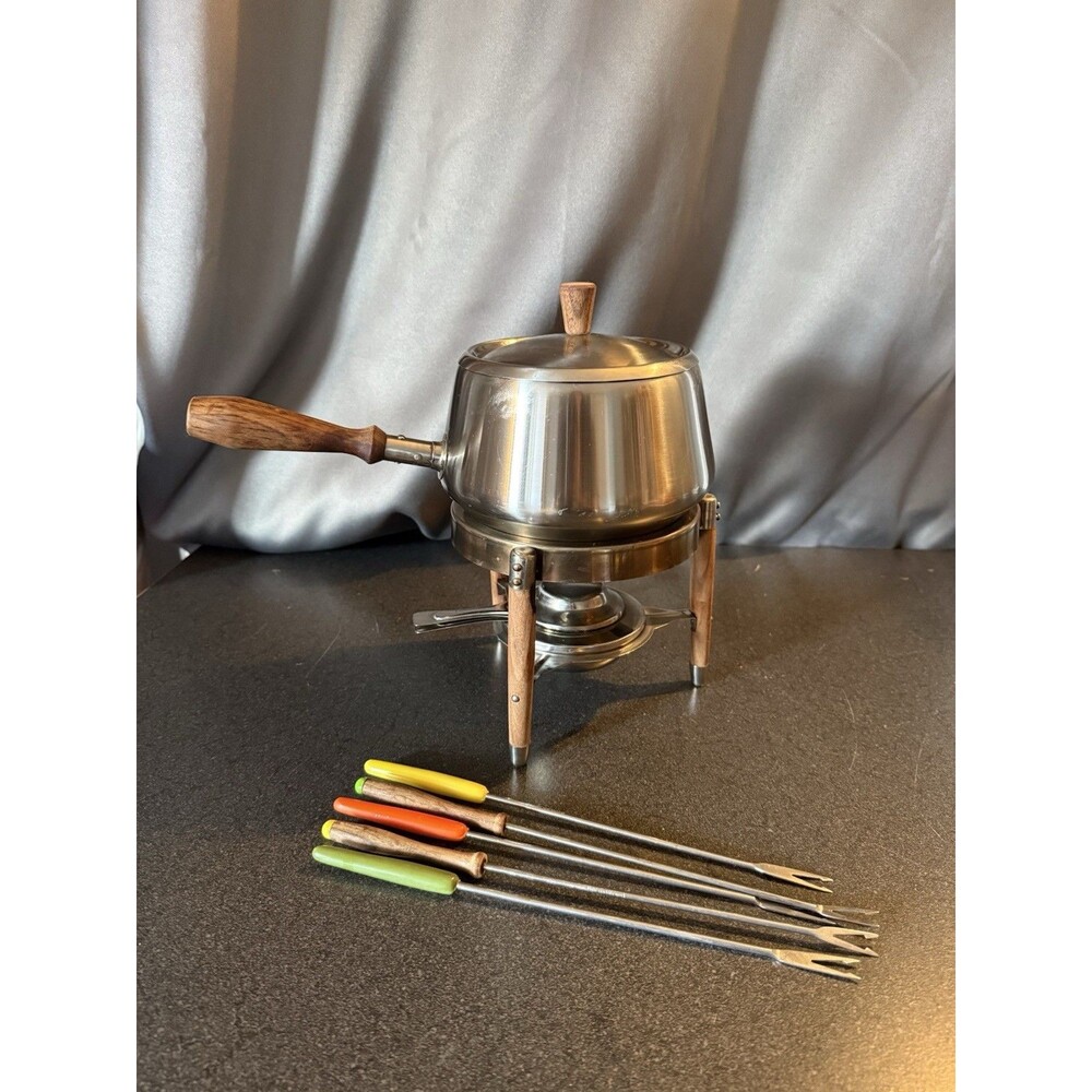 Royal Dolphin Stainless Steel Fondue Pot Set Vintage With 5 Forks 2 Are Original